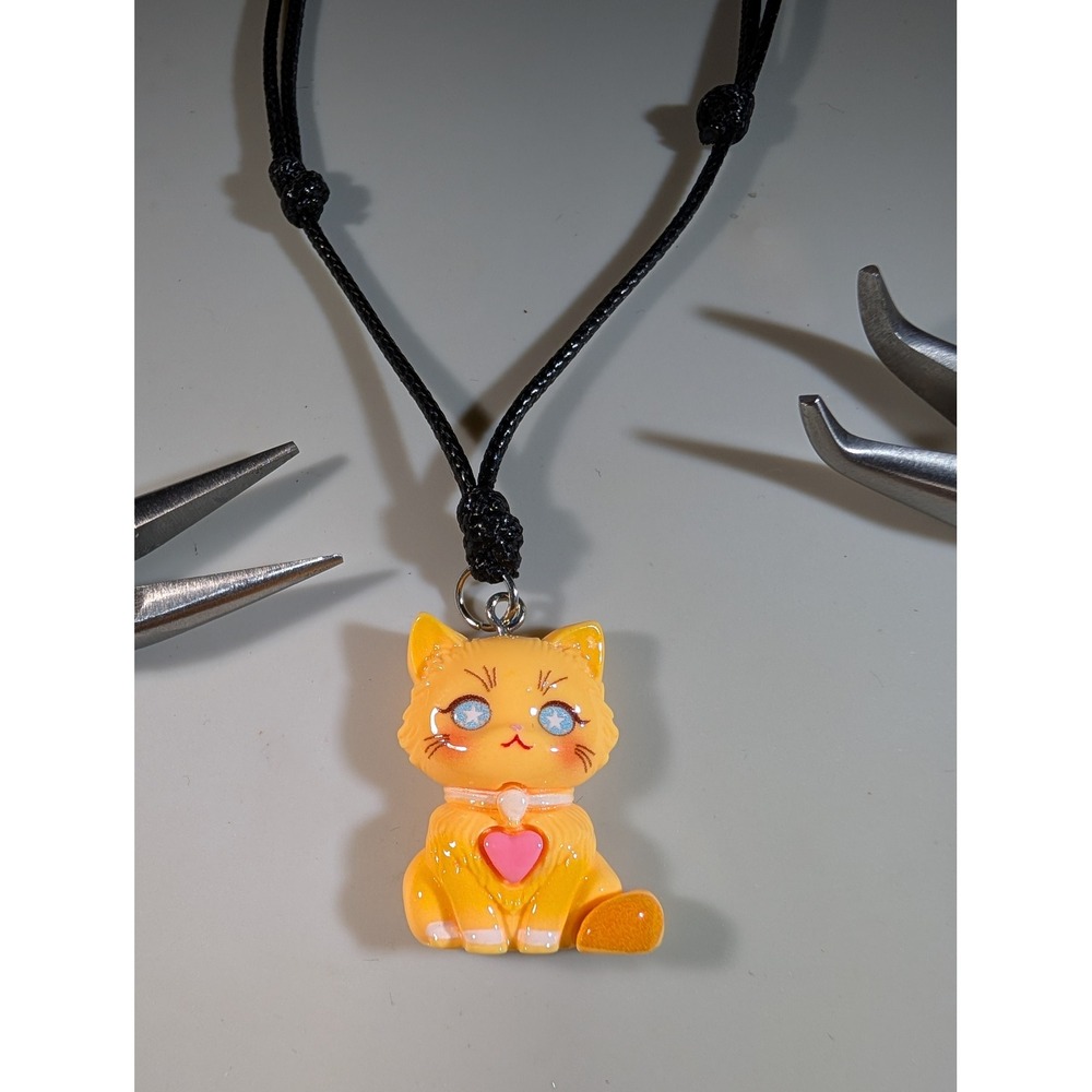 Orange Cat Pendant Necklace Adjustable Black Cord Kawaii Anime Star Eyes Heart